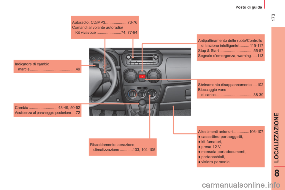 CITROEN NEMO 2013  Libretti Di Uso E manutenzione (in Italian)  173
8
LOCALIZZAZIONE
 
 
 
Posto di guida  
 
   
Riscaldamento, aerazione, 
climatizzazione ............103,  104-105     
Allestimenti anteriori ...............106-107 
   
 
● 
 cassettino  port