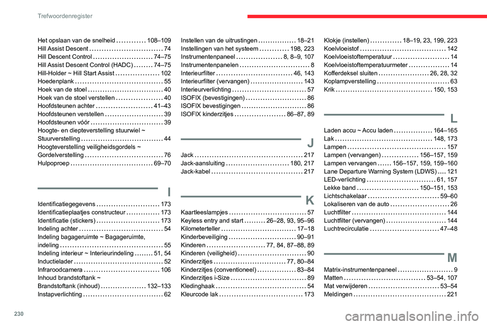 CITROEN C3 AIRCROSS 2021  Instructieboekjes (in Dutch) 230
Trefwoordenregister
Het opslaan van de snelheid   108–109Hill Assist  Descent   74Hill Descent Control   74–75Hill Assist Descent Control (HADC)   74–75Hill-Holder ~ Hill Start Assist   102H