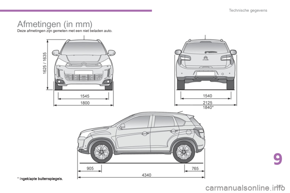 CITROEN C4 AIRCROSS 2013  Instructieboekjes (in Dutch) 9
221
Technische gegevens
   
 
 
 
Afmetingen (in mm)  
Deze afmetingen zijn gemeten met een niet beladen auto.
* In 