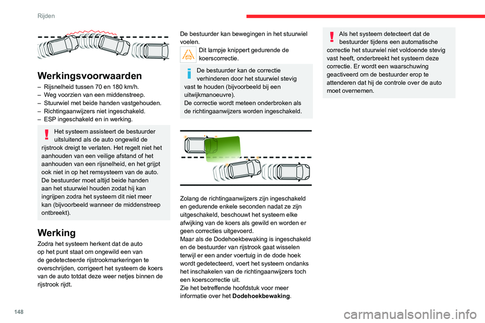CITROEN C5 AIRCROSS 2022 Instructieboekjes (in Dutch) 148
Rijden
Werkingsvoorwaarden
– Rijsnelheid tussen 70 en 180 km/h.
– W eg voorzien van een middenstreep.
–
Stuurwiel met beide handen vastgehouden.
–
Richtingaanwijzers niet ingescha CITROEN C5 AIRCROSS 2022 Instructieboekjes (in Dutch) 148
Rijden
Werkingsvoorwaarden
– Rijsnelheid tussen 70 en 180 km/h.
– W eg voorzien van een middenstreep.
–
Stuurwiel met beide handen vastgehouden.
–
Richtingaanwijzers niet ingescha
