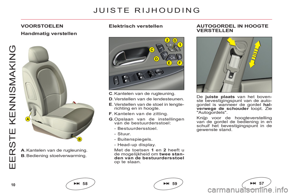 CITROEN C6 2012  Instructieboekjes (in Dutch) 10
A
B
C
EFD
G21
E
ER
S
TE KENNI
S
MAKIN
G
VOORSTOELEN
C. Kantelen van de rugleuning.
D. Verstellen van de lendesteunen.
E. Verstellen van de stoel in lengte-
richting en in hoogte.
F. Kantelen van de