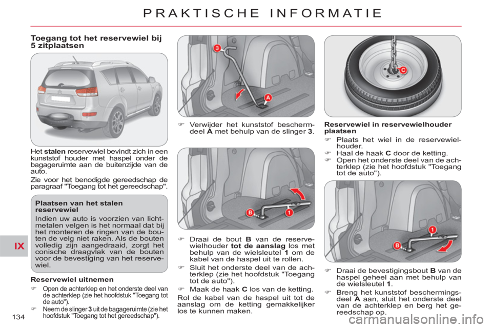 CITROEN C-CROSSER 2012 Instructieboekjes (in Dutch) IX
PRAKTISCHE INFORMATIE
134
To egang tot het reservewiel bij
5 zitplaatsen
Het stalen
reservewiel bevindt zich in een
kunststof houder met haspel onder de
bagageruimte CITROEN C-CROSSER 2012 Instructieboekjes (in Dutch) IX
PRAKTISCHE INFORMATIE
134
To egang tot het reservewiel bij
5 zitplaatsen
Het stalen
reservewiel bevindt zich in een
kunststof houder met haspel onder de
bagageruimte
