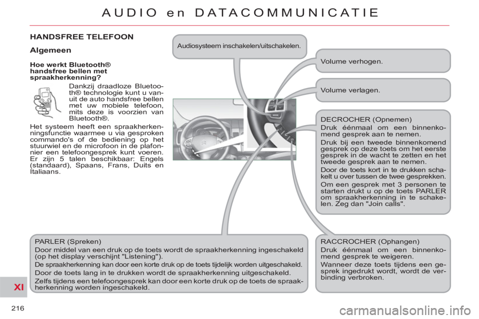 CITROEN C-CROSSER 2012  Instructieboekjes (in Dutch) XI
216
AUDIO en DATACOMMUNICAT IE
   
Hoe werkt Bluetooth® 
handsfree bellen met 
spraakherkenning? 
  Dankzij draadloze Bluetoo-
th® technologie kunt u van-
uit de auto handsfree bellen 
met uw mob