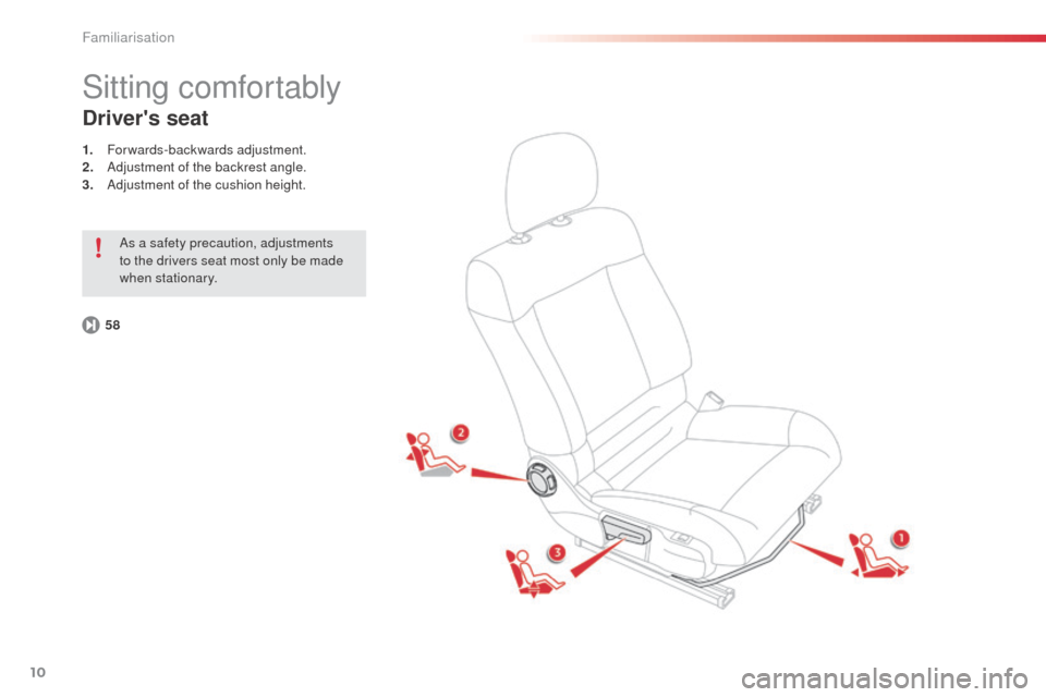 Citroen C4 CACTUS RHD 2014 1.G Owners Manual 10
Sitting comfortably
Drivers seat
1. Forwards-backwards adjustment.
2. Adjustment of the backrest angle.
3.
 A

djustment of the cushion height.
58 As a safety precaution, adjustments 
to the drive