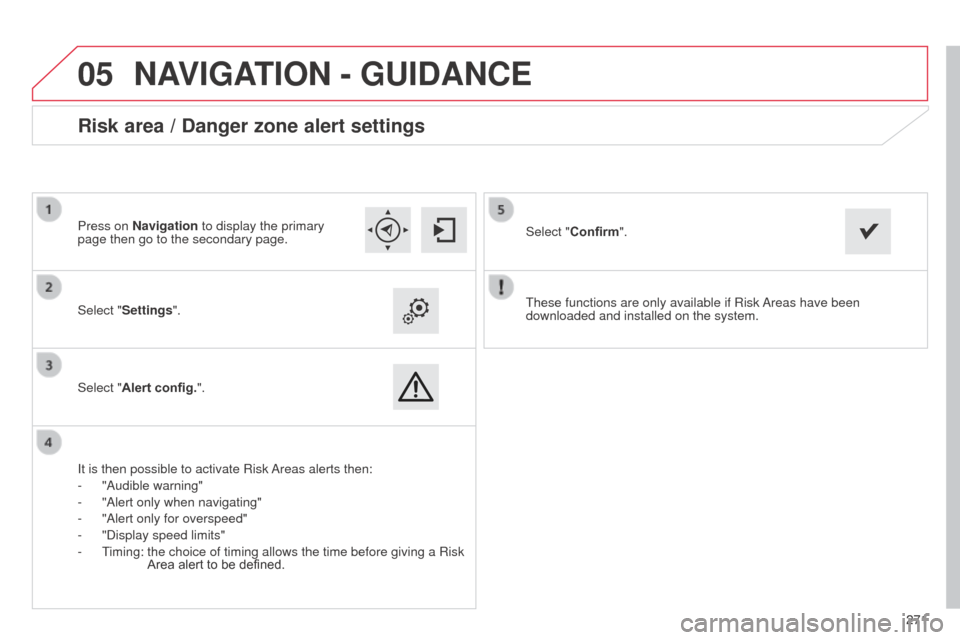 Citroen C4 CACTUS RHD 2014 1.G Owners Manual  
05
271271
These functions are only available if Risk Areas have been 
downloaded and installed on the system.
Select "Settings".
Select "Alert config.".
Risk area / Danger zone alert settings
It is 