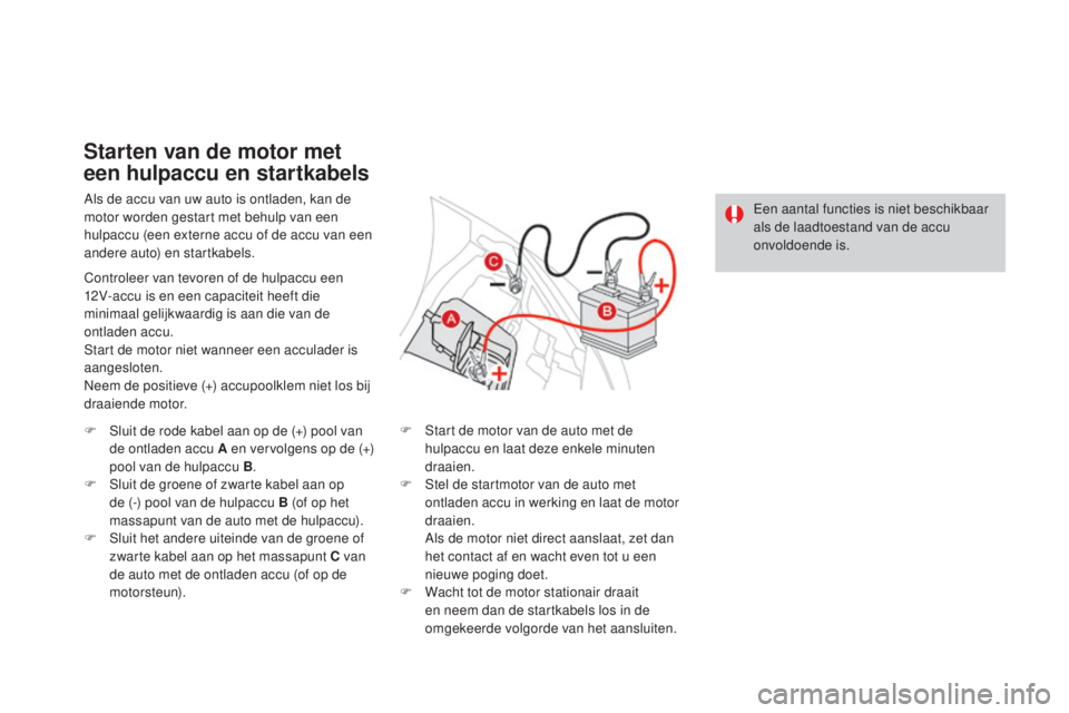 CITROEN DS3 2016  Instructieboekjes (in Dutch) DS3_nl_Chap08_info-pratiques_ed01-2015
Als de accu van uw auto is ontladen, kan de 
motor worden gestart met behulp van een 
hulpaccu (een externe accu of de accu van een 
andere auto) en startkabels.