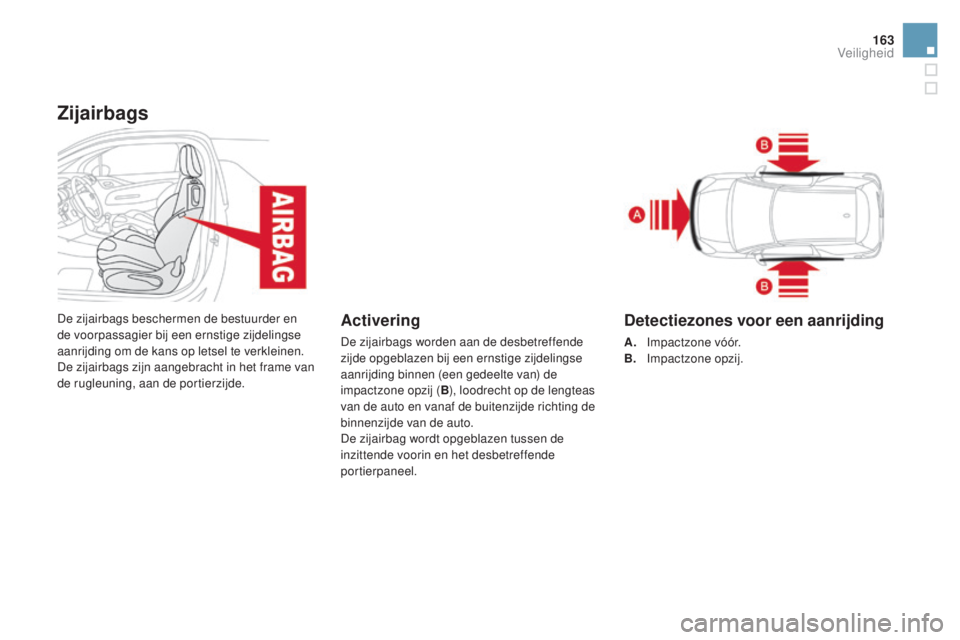CITROEN DS3 CABRIO 2016  Instructieboekjes (in Dutch) 163
DS3_nl_Chap06_securite_ed01-2015
Zijairbags
De zijairbags beschermen de bestuurder en 
de voorpassagier bij een ernstige zijdelingse 
aanrijding om de kans op letsel te verkleinen.
De zijairbags z