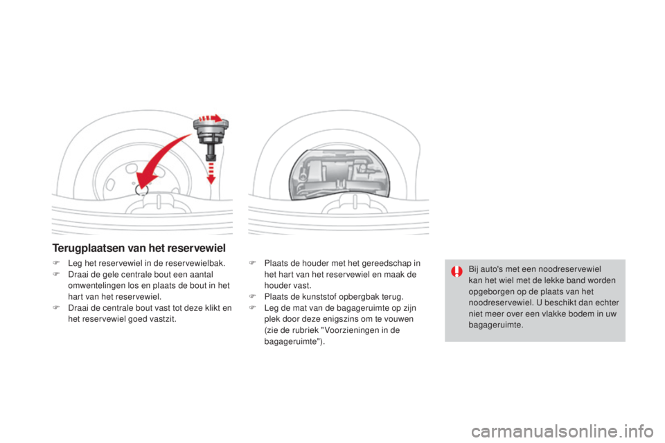 CITROEN DS3 CABRIO 2016  Instructieboekjes (in Dutch) DS3_nl_Chap08_info-pratiques_ed01-2015
Terugplaatsen van het reservewiel
F Plaats de houder met het gereedschap in het hart van het reservewiel en maak de 
houder vast.
F
 
P
 laats de kunststof opber