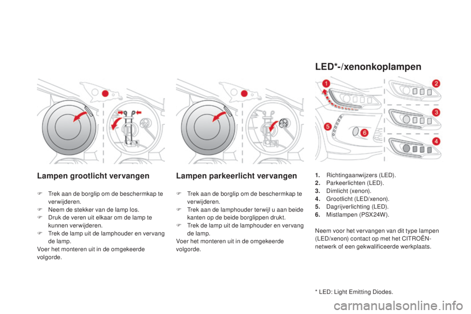 CITROEN DS3 CABRIO 2016  Instructieboekjes (in Dutch) DS3_nl_Chap08_info-pratiques_ed01-2015
Lampen grootlicht vervangen Lampen parkeerlicht vervangen
F Trek aan de borglip om de beschermkap te verwijderen.
F
 
N
 eem de stekker van de lamp los.
F
 
D
 r