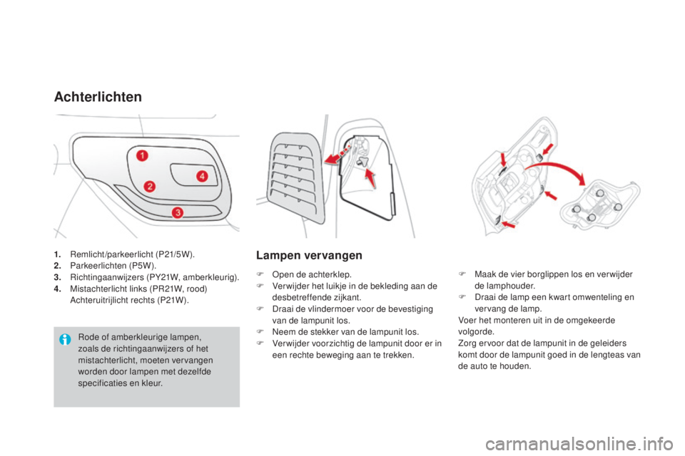 CITROEN DS3 CABRIO 2016  Instructieboekjes (in Dutch) DS3_nl_Chap08_info-pratiques_ed01-2015
1. Remlicht/parkeerlicht (P21/5W).
2. Parkeerlichten (P5W).
3.
 R

ichtingaanwijzers (PY21W, amberkleurig).
4.
 M

istachterlicht links (PR21W, rood) 
 
 
A
 cht