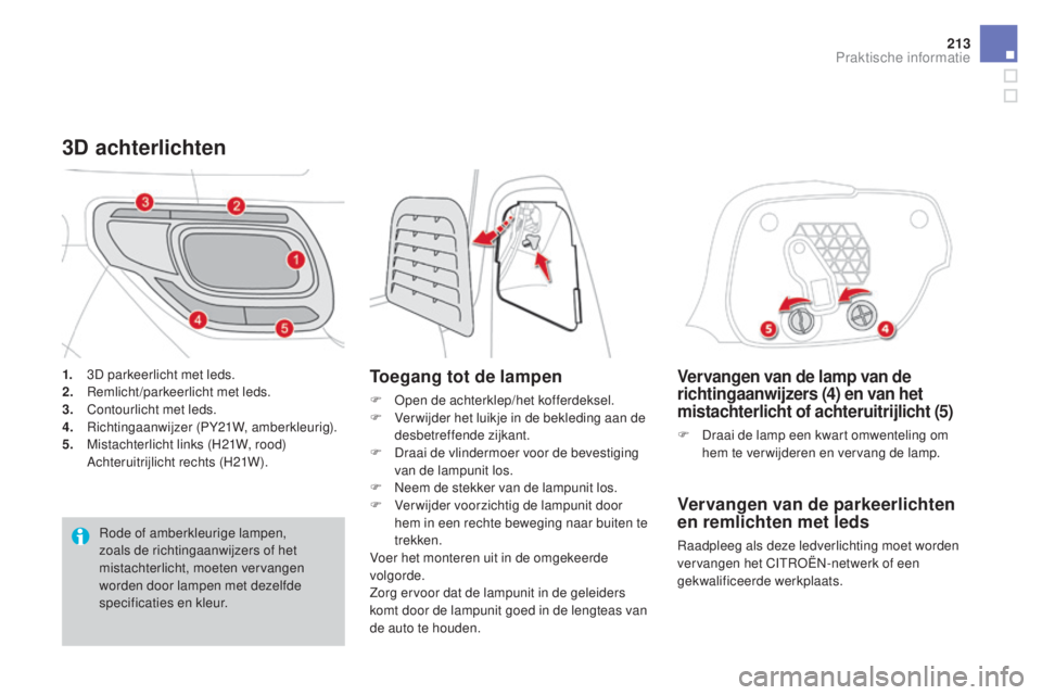 CITROEN DS3 CABRIO 2016 Instructieboekjes (in Dutch) 213
DS3_nl_Chap08_info-pratiques_ed01-2015
Vervangen van de lamp van de
richtingaanwijzers (4) en van het
mistachterlicht of achteruitrijlicht
(5)
F Draai de lamp een kwart omwenteling om hem te v CITROEN DS3 CABRIO 2016 Instructieboekjes (in Dutch) 213
DS3_nl_Chap08_info-pratiques_ed01-2015
Vervangen van de lamp van de
richtingaanwijzers (4) en van het
mistachterlicht of achteruitrijlicht
(5)
F Draai de lamp een kwart omwenteling om hem te v