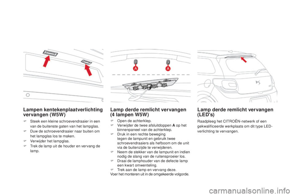 CITROEN DS3 CABRIO 2016  Instructieboekjes (in Dutch) DS3_nl_Chap08_info-pratiques_ed01-2015
Lamp derde remlicht vervangen 
(4  lampen W5W)
F Open de achterklep.
F
 V erwijder de twee afsluitdoppen A op het 
binnenpaneel van de achterklep.
F
 
D
 ruk in 