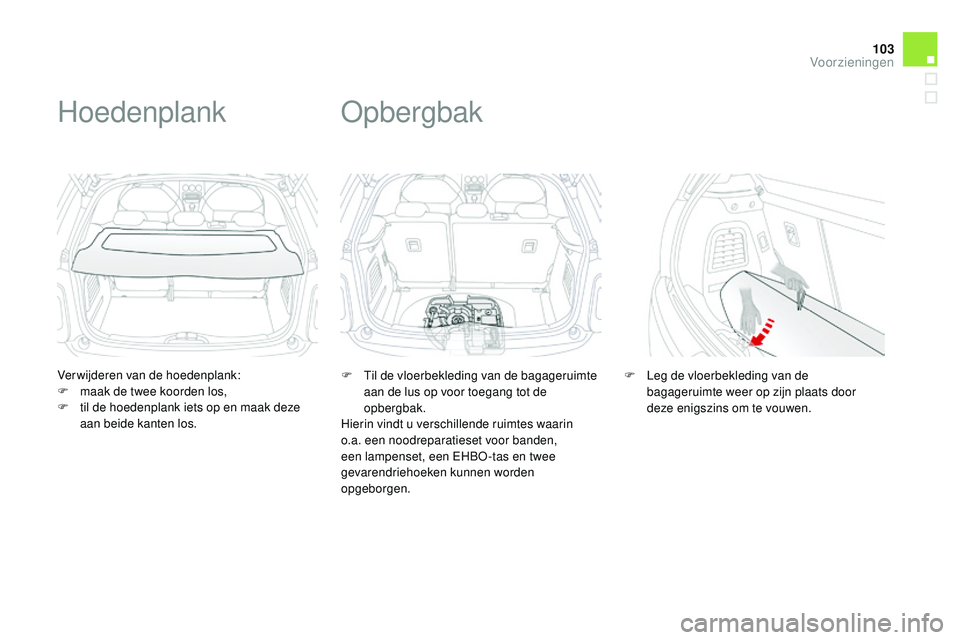 CITROEN DS3 CABRIO 2015  Instructieboekjes (in Dutch) 103
DS3_nl_Chap05_amenagement_ed01-2014
Verwijderen van de hoedenplank:
F m aak de twee koorden los,
F
 
t
 il de hoedenplank iets op en maak deze 
aan beide kanten los.
Hoedenplank
F  til de vloerbek