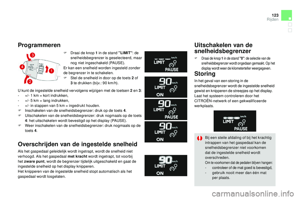 CITROEN DS3 CABRIO 2015  Instructieboekjes (in Dutch) 123
DS3_nl_Chap06_conduite_ed01-2014
F Draai de knop 1  in de stand "LIMIT": de 
snelheidsbegrenzer is geselecteerd, maar 
nog niet ingeschakeld (PA
uSe)

.
er k

an een snelheid worden ingest