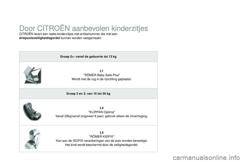 CITROEN DS3 CABRIO 2015  Instructieboekjes (in Dutch) DS3_nl_Chap09_securite-enfants_ed01-2014
Door CItroËn aanbevolen kinderzitjesCItroËn levert een reeks kinderzitjes met artikelnummer die met een 
driepuntsveiligheidsgordel  kunnen worden vastgemaak