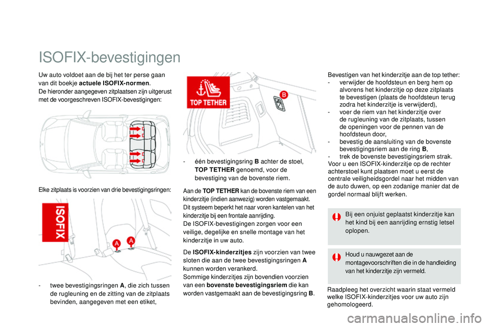 CITROEN DS3 CABRIO 2015 Instructieboekjes (in Dutch) DS3_nl_Chap09_securite-enfants_ed01-2014
uw auto voldoet aan de bij het ter perse gaan
van dit boekje actuele ISOFIX-normen.
De hieronder aangegeven zitplaatsen zijn uitgerust
met de voorgeschreven CITROEN DS3 CABRIO 2015 Instructieboekjes (in Dutch) DS3_nl_Chap09_securite-enfants_ed01-2014
uw auto voldoet aan de bij het ter perse gaan
van dit boekje actuele ISOFIX-normen.
De hieronder aangegeven zitplaatsen zijn uitgerust
met de voorgeschreven