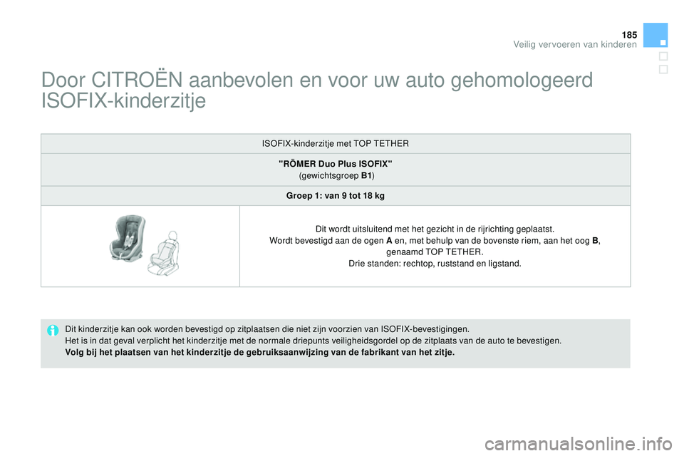 CITROEN DS3 CABRIO 2015  Instructieboekjes (in Dutch) 185
DS3_nl_Chap09_securite-enfants_ed01-2014
Door CItroËn aanbevolen en voor uw auto gehomologeerd 
IS
oF
 IX-kinderzitje
Dit kinderzitje kan ook worden bevestigd op zitplaatsen die niet zijn voorzie