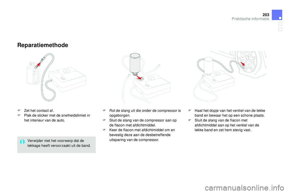 CITROEN DS3 CABRIO 2015  Instructieboekjes (in Dutch) 203
DS3_nl_Chap10_info-pratiques_ed01-2014
F Zet het contact af.
F P lak de sticker met de snelheidslimiet in 
het interieur van de auto.
Reparatiemethode
Ver wijder niet het voor werp dat de 
lekkage