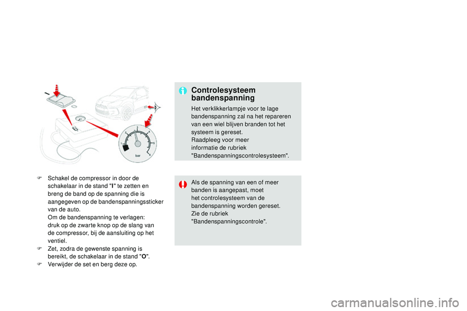 CITROEN DS3 CABRIO 2015  Instructieboekjes (in Dutch) DS3_nl_Chap10_info-pratiques_ed01-2014
F Schakel de compressor in door de schakelaar in de stand " I" te zetten en 
breng de band op de spanning die is 
aangegeven op de bandenspanningssticker