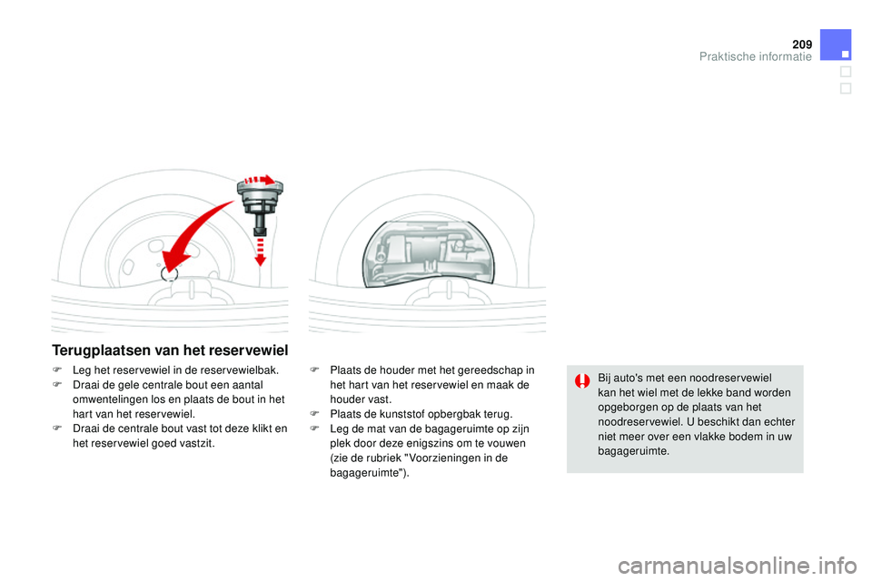 CITROEN DS3 CABRIO 2015  Instructieboekjes (in Dutch) 209
DS3_nl_Chap10_info-pratiques_ed01-2014
Terugplaatsen van het reservewiel
F Plaats de houder met het gereedschap in het hart van het reservewiel en maak de 
houder vast.
F
 
P
 laats de kunststof o