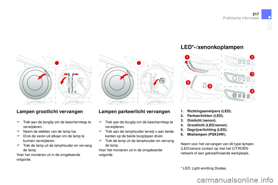 CITROEN DS3 CABRIO 2015  Instructieboekjes (in Dutch) 217
DS3_nl_Chap10_info-pratiques_ed01-2014
Lampen grootlicht vervangen Lampen parkeerlicht vervangen
F  trek aan de borglip om de beschermkap te verwijderen.
F
  n
e
 em de stekker van de lamp los.
F
