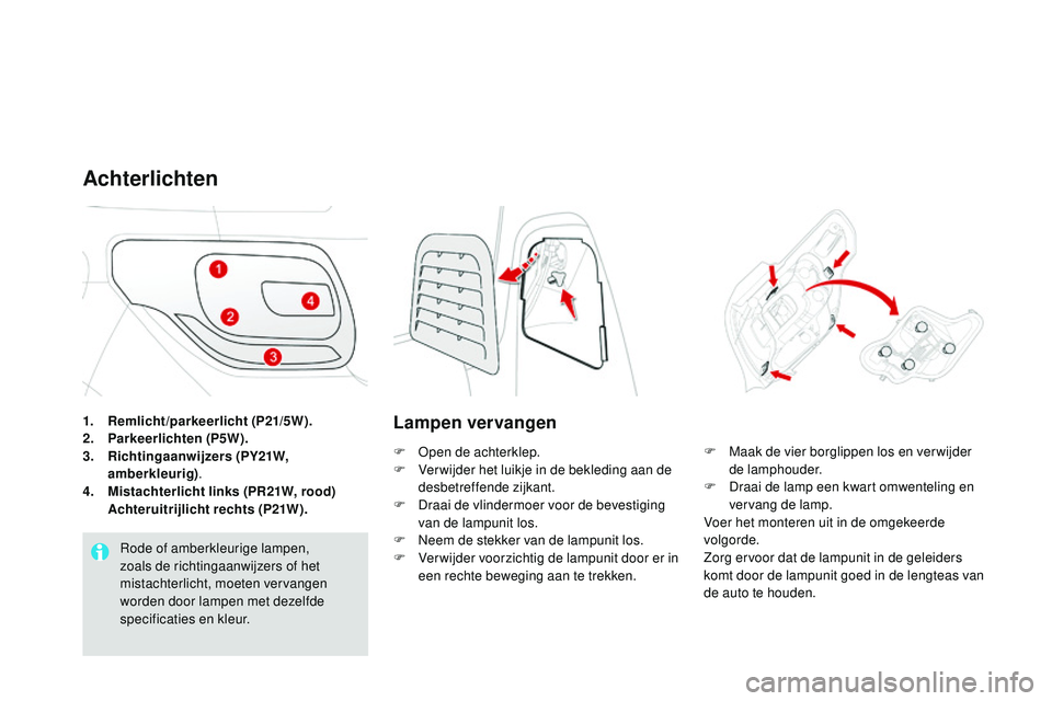 CITROEN DS3 CABRIO 2015  Instructieboekjes (in Dutch) DS3_nl_Chap10_info-pratiques_ed01-2014
1. Remlicht/parkeerlicht (P21/5W).
2. Parkeerlichten (P5W).
3.
 R

ichtingaanwijzers (PY21W, 
amberkleurig) .
4.
 Mi

stachterlicht links (PR21W, rood)  
 A

cht
