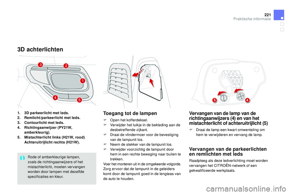 CITROEN DS3 CABRIO 2015 Instructieboekjes (in Dutch) 221
DS3_nl_Chap10_info-pratiques_ed01-2014
Vervangen van de lamp van de
richtingaanwijzers (4) en van het
mistachterlicht of achteruitrijlicht (5)
F Draai de lamp een kwart omwenteling om hem te ver CITROEN DS3 CABRIO 2015 Instructieboekjes (in Dutch) 221
DS3_nl_Chap10_info-pratiques_ed01-2014
Vervangen van de lamp van de
richtingaanwijzers (4) en van het
mistachterlicht of achteruitrijlicht (5)
F Draai de lamp een kwart omwenteling om hem te ver