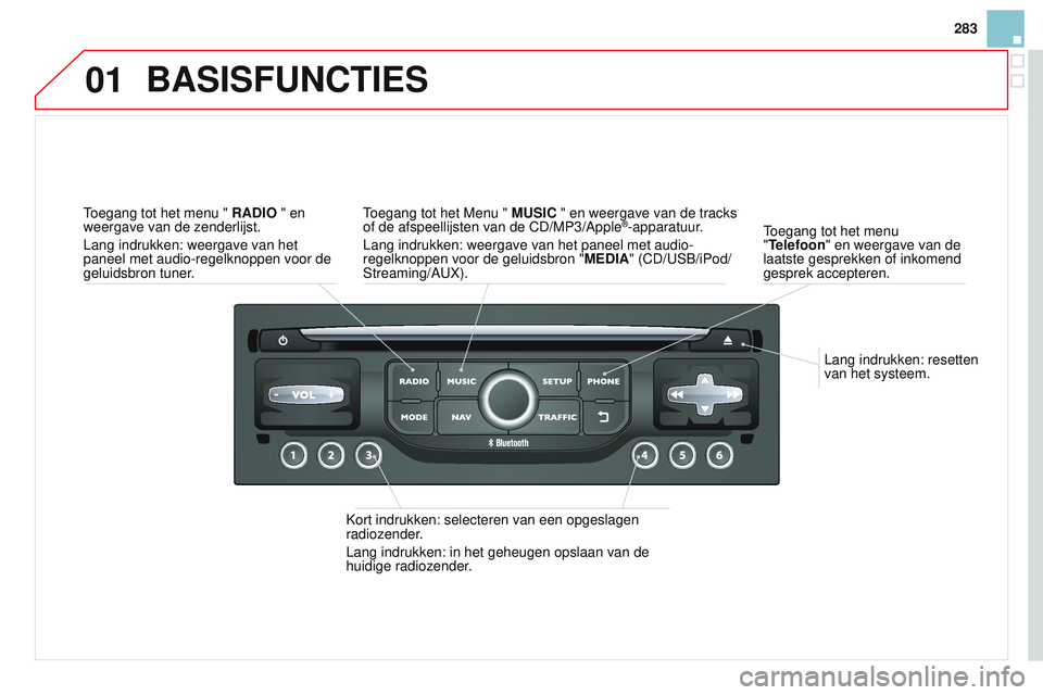 CITROEN DS3 CABRIO 2015  Instructieboekjes (in Dutch) 01
283
DS3_nl_Chap13b_rt6-2-8_ed01-2014
Lang indrukken: resetten 
van het systeem.
toegang tot het menu 
"

Telefoon" en weergave van de 
laatste gesprekken of inkomend 
gesprek accepteren.
BA