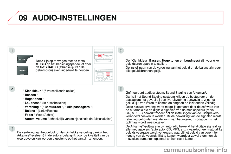 CITROEN DS3 CABRIO 2015  Instructieboekjes (in Dutch) 09
DS3_nl_Chap13b_rt6-2-8_ed01-2014
AUDIO-INSTELLINGEN
Deze zijn op te vragen met de toets 
MUSIC op het bedieningspaneel of door 
de toets RADIO (afhankelijk van de 
geluidsbron) even ingedrukt te ho