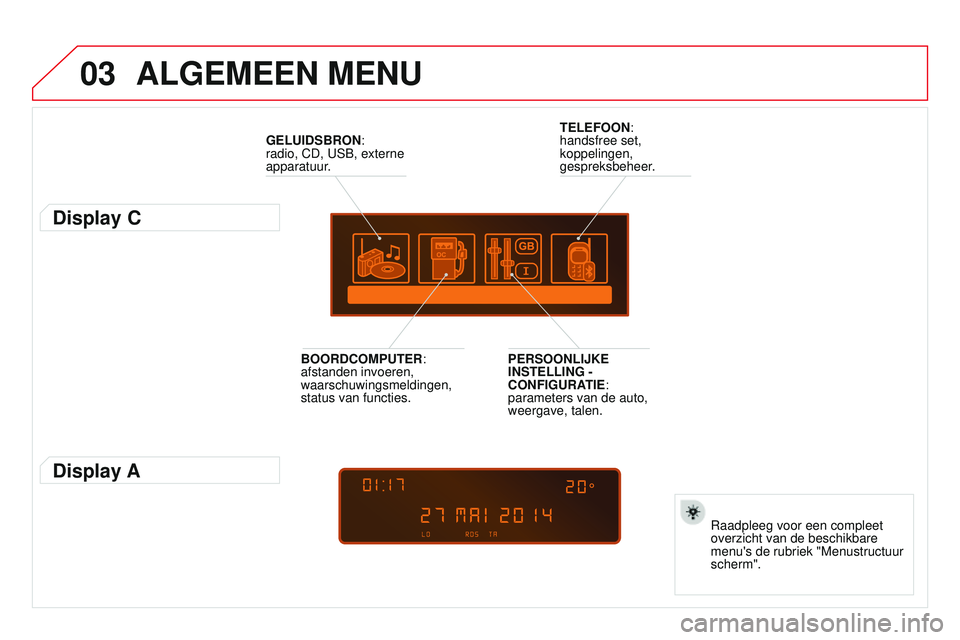 CITROEN DS3 CABRIO 2015  Instructieboekjes (in Dutch) 03
DS3_nl_Chap13c_rD45_ed01_2014
ALGEMEEN MENU
GELUIDSBRON:  
radio, CD, u S b , externe 
apparatuur.
Display C
raadpleeg voor een compleet 
overzicht van de beschikbare 
menu's de rubriek "Me