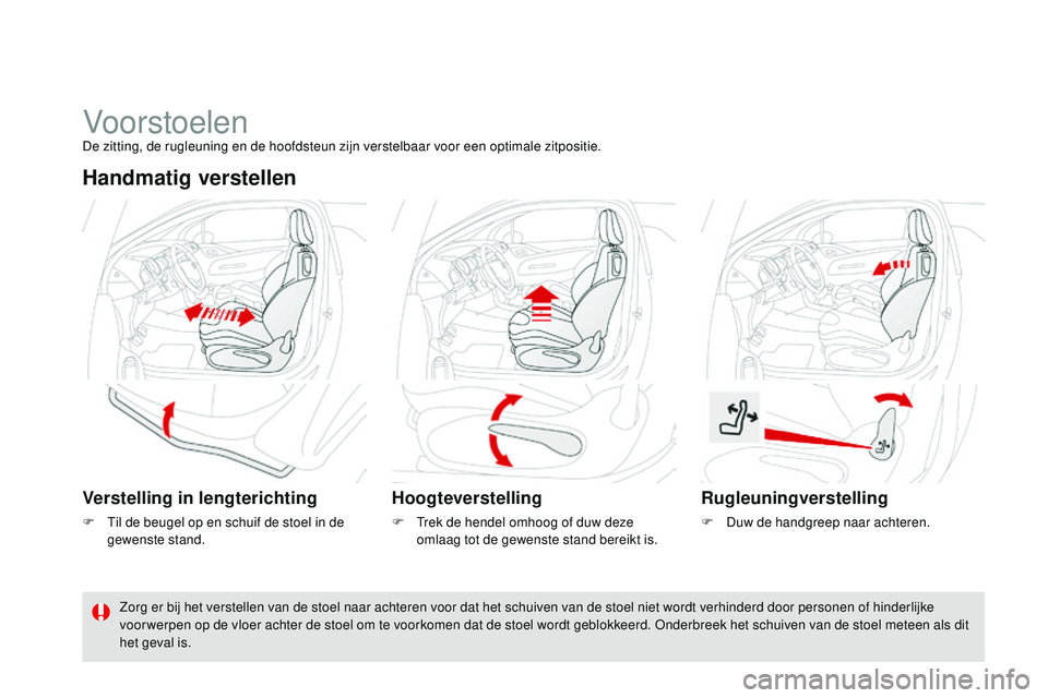 CITROEN DS3 CABRIO 2015  Instructieboekjes (in Dutch) DS3_nl_Chap04_confort_ed01-2014
Vo or stoelenDe zitting, de rugleuning en de hoofdsteun zijn verstelbaar voor een optimale zitpositie.
Handmatig verstellen
Verstelling in lengterichting
F  til de beug