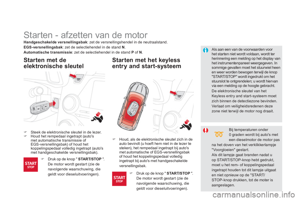CITROEN DS5 2013  Instructieboekjes (in Dutch)    
 
 
 
 
 
 
 
Starten - afzetten van de motor 
�)Steek de elektronische sleutel in de lezer. �)Houd het rempedaal ingetrapt (autos met automatische transmissie of 
EGS-versnellingsbak) of houd he