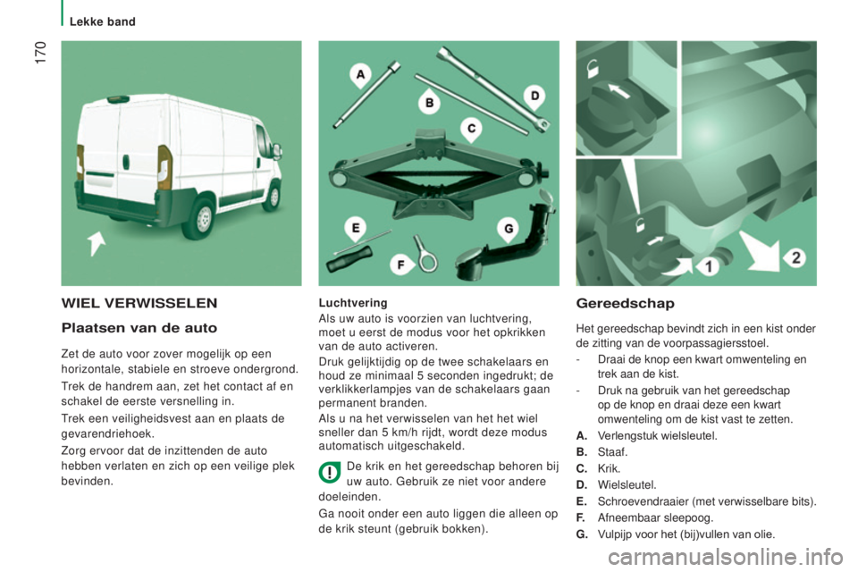 CITROEN JUMPER 2017  Instructieboekjes (in Dutch)  170
Jumper_nl_Chap08_Aide-Rapide_ed01-2016
Plaatsen van de auto
Zet de auto voor zover mogelijk op een 
horizontale, stabiele en stroeve ondergrond.
Trek de handrem aan, zet het contact af en 
schake