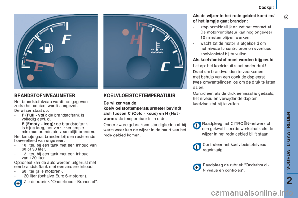 CITROEN JUMPER 2017  Instructieboekjes (in Dutch) Cockpit
 33
Jumper_nl_Chap02_Pret-a-Partir_ed01-2016
BRANdSTOFNIVeAUMeTeR
Het brandstofniveau wordt aangegeven 
zodra het contact wordt aangezet.
De wijzer staat op:
- 
F (Full - vol):
  de brandstoft