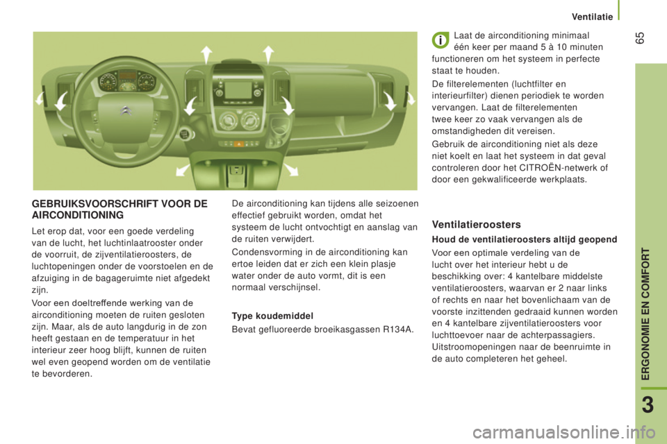 CITROEN JUMPER 2017  Instructieboekjes (in Dutch) Ventilatie
 65
Jumper_nl_Chap03_Ergo-et-confort_ed01-2016
geBRUIkSVOORSCHRIFT VOOR de AIRCONd ITIONIN gDe airconditioning kan tijdens alle seizoenen 
effectief gebruikt worden, omdat het 
systeem de l
