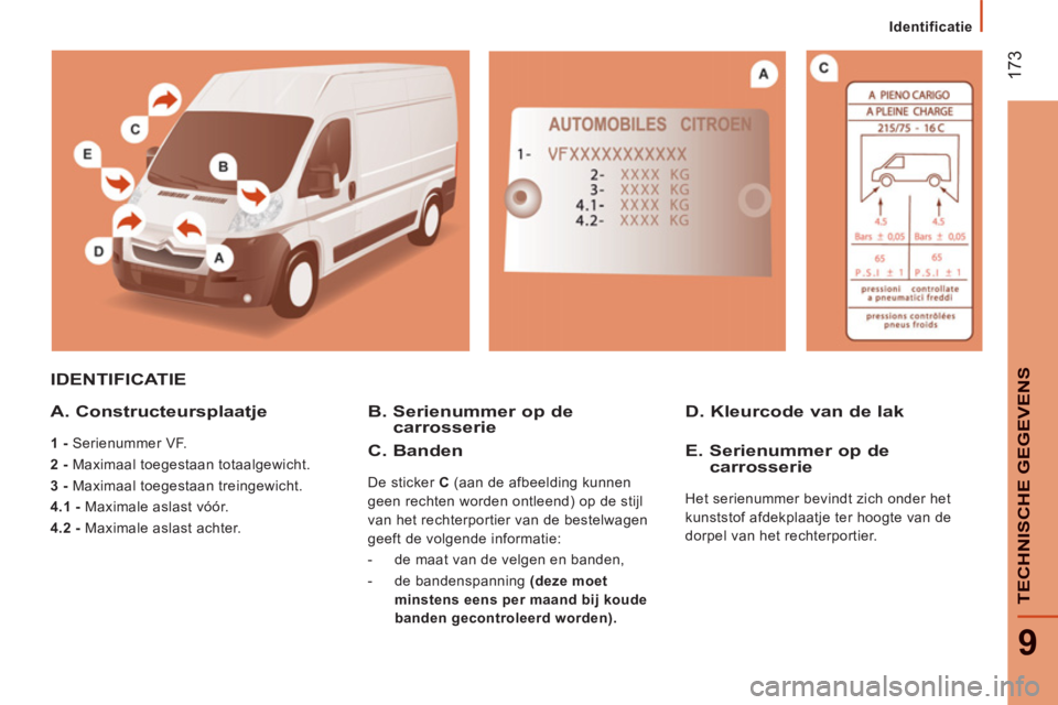 CITROEN JUMPER 2013  Instructieboekjes (in Dutch) 17
3
9
TECHNISCHE GEGEVEN
S
Identificatie
IDENTIFICATIE
A.  Constructeursplaatje
 
 
1 - 
 Serienummer VF. 
   
2 - 
 Maximaal toegestaan totaalgewicht. 
   
3 - 
 Maximaal toegestaan treingewicht. 
 
