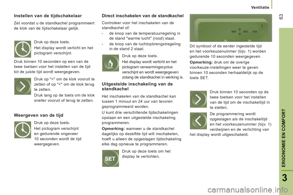 CITROEN JUMPER 2013 Instructieboekjes (in Dutch) 63
3
ERGONOMIE EN COMFOR
T
Ventilatie
Instellen van de tijdschakelaar
Zet voordat u de standkachel programmeert
de klok van de tijdschakelaar gelijk.
Direct inschakelen van de standkachel
C CITROEN JUMPER 2013 Instructieboekjes (in Dutch) 63
3
ERGONOMIE EN COMFOR
T
Ventilatie
Instellen van de tijdschakelaar
Zet voordat u de standkachel programmeert
de klok van de tijdschakelaar gelijk.
Direct inschakelen van de standkachel
C