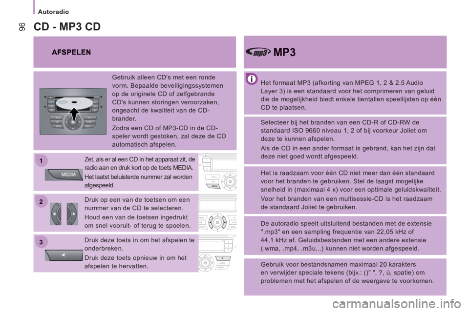 CITROEN JUMPER 2013 Instructieboekjes (in Dutch) 22
11
33
Autoradio
96
Het formaat MP3 (afkorting van MPEG 1, 2 & 2.5 Audio
Layer 3) is een standaard voor het comprimeren van geluid
die de mogelijkheid biedt enkele tientallen speellijsten op CITROEN JUMPER 2013 Instructieboekjes (in Dutch) 22
11
33
Autoradio
96
Het formaat MP3 (afkorting van MPEG 1, 2 & 2.5 Audio
Layer 3) is een standaard voor het comprimeren van geluid
die de mogelijkheid biedt enkele tientallen speellijsten op