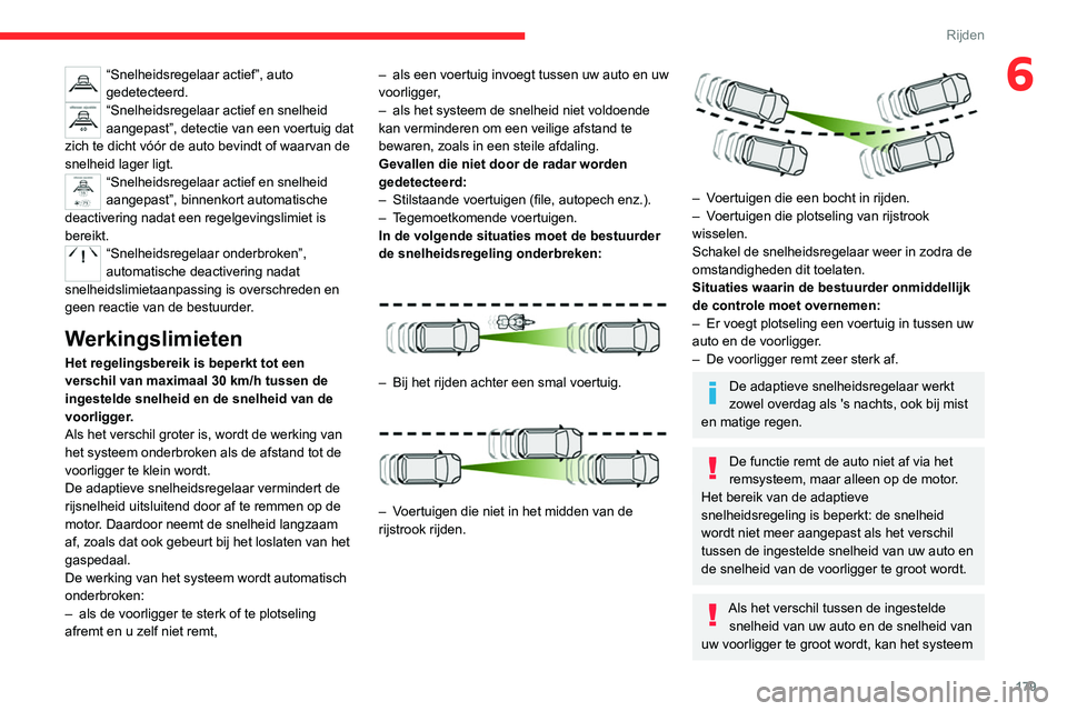 CITROEN JUMPER SPACETOURER 2021  Instructieboekjes (in Dutch) 179
Rijden
6“Snelheidsregelaar actief”, auto 
gedetecteerd.
“Snelheidsregelaar actief en snelheid 
aangepast”, detectie van een voertuig dat 
zich te dicht vóór de auto bevindt of waarvan de