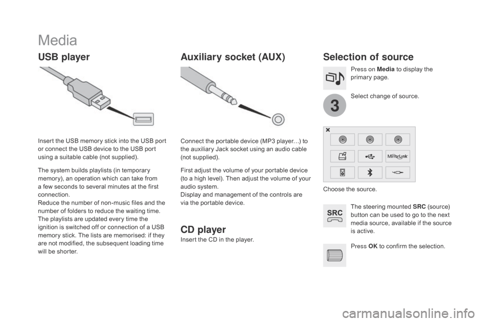 Citroen DS4 2014 1.G Owners Manual 3
Media
USB playerSelection of source
The steering mounted SRC (source) 
button can be used to go to the next 
media source, available if the source 
is active.
Press OK  to confirm the selection.
Sel