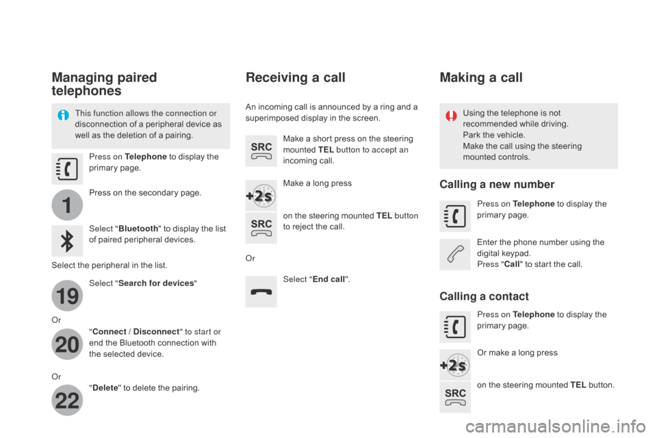 Citroen DS4 2014 1.G Owners Manual 1
19
20
22
Managing paired 
telephones
This function allows the connection or 
disconnection of a peripheral device as 
well as the deletion of a pairing.Using the telephone is not 
recommended while 
