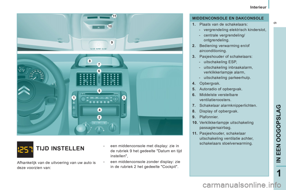 CITROEN JUMPER MULTISPACE 2012  Instructieboekjes (in Dutch)  9
   
 
Interieur  
 
IN EEN OOGOPSLA
G
1
 
 
MIDDENCONSOLE EN DAKCONSOLE 
   
 
1. 
  Plaats van de schakelaars: 
   
 
-   vergrendeling elektrisch kinderslot, 
   
-  centrale vergrendeling/
ontgr