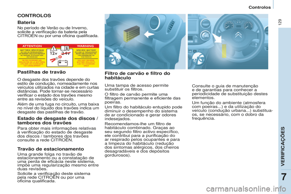 CITROEN BERLINGO ELECTRIC 2017  Manual do condutor (in Portuguese) 129
Berlingo-2-VU_pt_Chap07_Verification_ed01-2015Berlingo-2-VU_pt_Chap07_Verification_ed01-2015
CONTROLOS
Filtro de carvão e filtro do 
habitáculo
uma tampa de acesso permite 
substituir os filtros