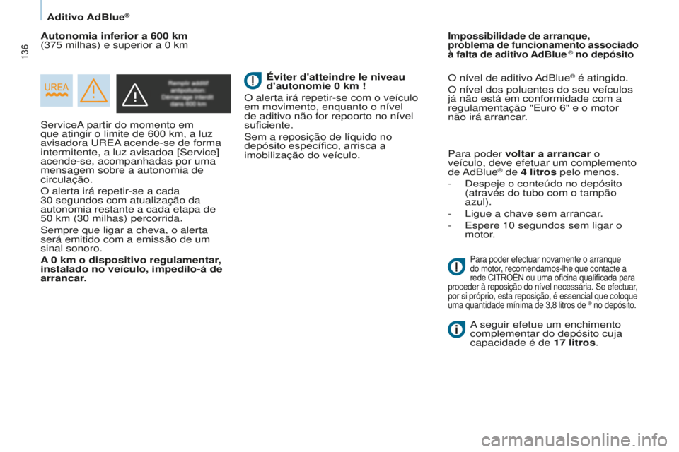 CITROEN BERLINGO ELECTRIC 2017  Manual do condutor (in Portuguese) 136
Berlingo-2-VU_pt_Chap07_Verification_ed01-2015Berlingo-2-VU_pt_Chap07_Verification_ed01-2015
servicea partir do momento em 
que atingir o limite de 600   km, a luz 
avisadora 
urea
 acende-se de f