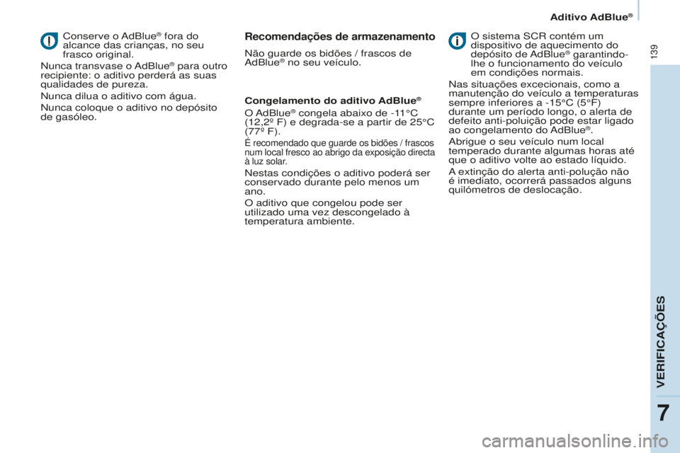CITROEN BERLINGO ELECTRIC 2017  Manual do condutor (in Portuguese) 139
Berlingo-2-VU_pt_Chap07_Verification_ed01-2015Berlingo-2-VU_pt_Chap07_Verification_ed01-2015
Conserve  o adBlue® fora do 
alcance das crianças, no seu 
frasco original.
n

unca transvase o 
a

d