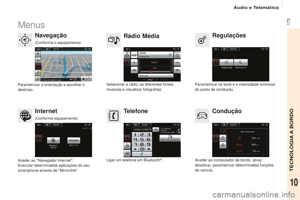 CITROEN BERLINGO ELECTRIC 2017  Manual do condutor (in Portuguese)  173
Berlingo-2-Vu_pt_Chap10a_ sM eGplus_ed01-2015
Menus
Regulações
Rádio Média
Navegação
Condução
Internet Telefone
Parametrizar os sons e a intensidade luminosa 
do posto de condução.s
ele