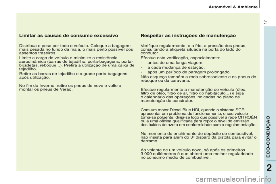 CITROEN BERLINGO ELECTRIC 2017  Manual do condutor (in Portuguese) 17
Limitar as causas de consumo excessivo
distribua o peso por todo o veículo. Coloque a bagagem 
mais pesada no fundo da mala, o mais perto possível dos 
assentos traseiros.
l

imite a carga do ve