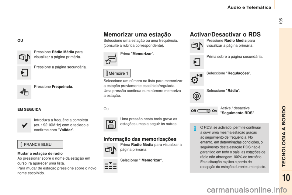CITROEN BERLINGO ELECTRIC 2017 Manual do condutor (in Portuguese) 195
Berlingo-2-Vu_pt_Chap10a_ sM eGplus_ed01-2015
seleccione uma estação ou uma frequência.
(consulte a rubrica correspondente). Pressione Rádio Média
para
visualizar a página primária.
Pri CITROEN BERLINGO ELECTRIC 2017 Manual do condutor (in Portuguese) 195
Berlingo-2-Vu_pt_Chap10a_ sM eGplus_ed01-2015
seleccione uma estação ou uma frequência.
(consulte a rubrica correspondente). Pressione Rádio Média
para
visualizar a página primária.
Pri