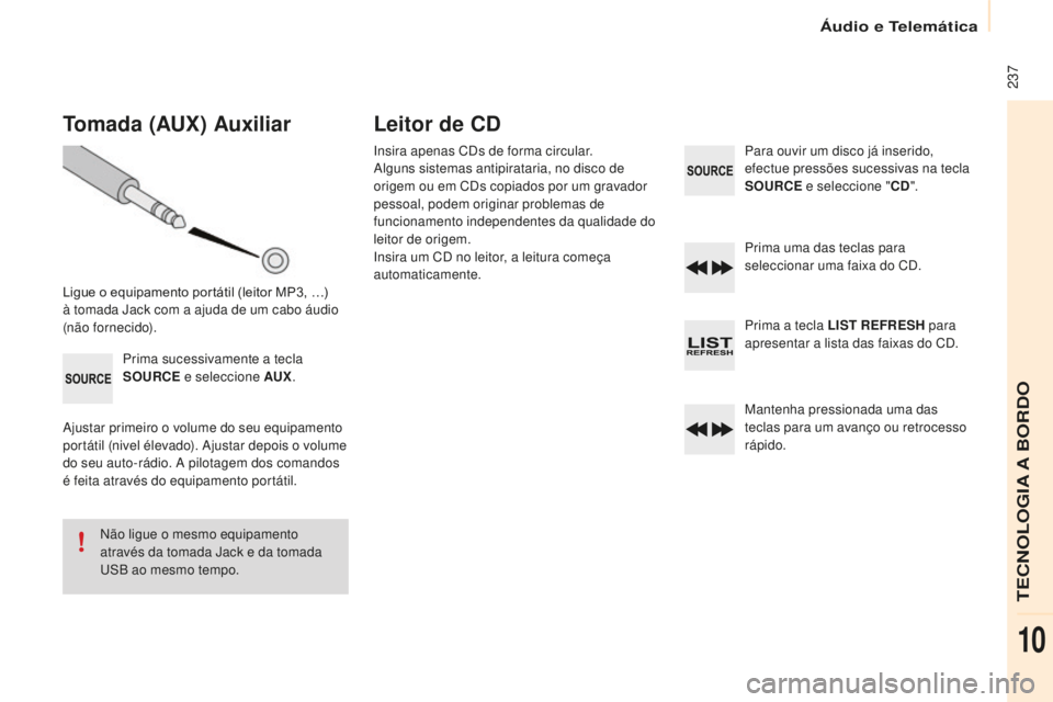 CITROEN BERLINGO ELECTRIC 2017 Manual do condutor (in Portuguese) 237
Berlingo-2-Vu_pt_Chap10b_ rd45_ed01-2015
Tomada (AUx) A uxiliar
Ligue o equipamento portátil (leitor MP3, …)
à tomada Jack com a ajuda de um cabo áudio
(não fornecido).
Prima sucessivamen CITROEN BERLINGO ELECTRIC 2017 Manual do condutor (in Portuguese) 237
Berlingo-2-Vu_pt_Chap10b_ rd45_ed01-2015
Tomada (AUx) A uxiliar
Ligue o equipamento portátil (leitor MP3, …)
à tomada Jack com a ajuda de um cabo áudio
(não fornecido).
Prima sucessivamen