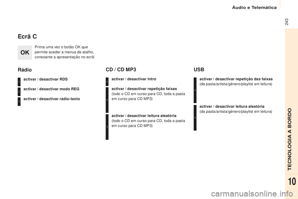 CITROEN BERLINGO ELECTRIC 2017  Manual do condutor (in Portuguese)  243
Berlingo-2-Vu_pt_Chap10b_ rd45_ed01-2015
Ecrã C
Prima uma vez o botão OK que 
permite aceder a menus de atalho, 
consoante a apresentação no ecrã:
activar / desactivar R
dS
a

ctivar / desac